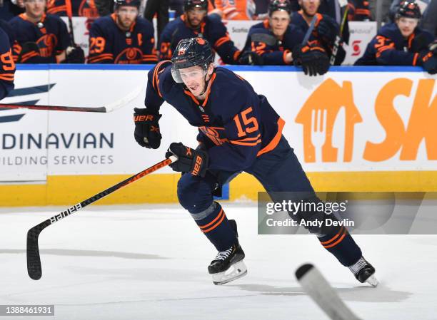 March 28: Josh Archibald of the Edmonton Oilers skates during the game against the Arizona Coyotes on March 28, 2022 at Rogers Place in Edmonton,...