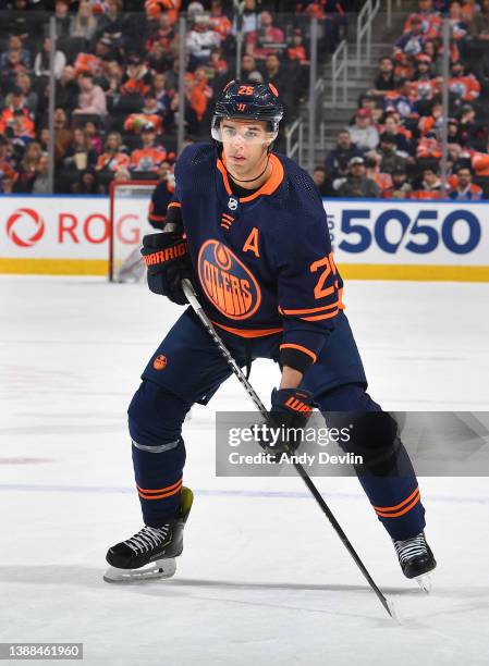 March 28: Darnell Nurse of the Edmonton Oilers skates during the game against the Arizona Coyotes on March 28, 2022 at Rogers Place in Edmonton,...
