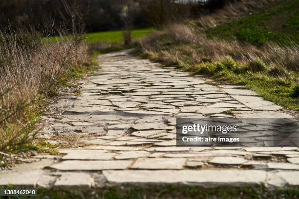 close up pavement reusing broken concrete pieces creating interlocking geometric shapes - kopfsteinpflaster stock-fotos und bilder