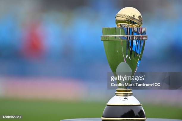 The Women's Cricket World Cup trophy is seen ahead of the 2022 ICC Women's Cricket World Cup match between Australia and the West Indies at Basin...