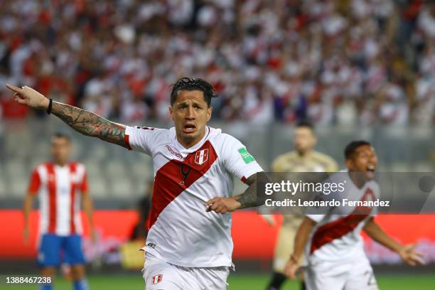 Gianluca Lapadula of Peru celebrates after scoring the first goal of his team during the FIFA World Cup Qatar 2022 qualification match between Peru...