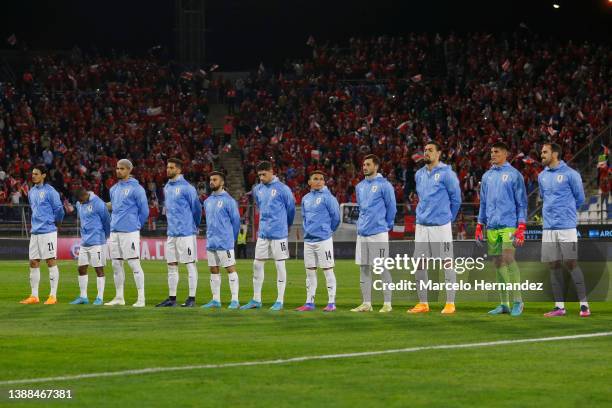 Players of Uruguay during the national anthem prior the FIFA World Cup Qatar 2022 qualification match between Chile and Uruguay at Estadio San Carlos...