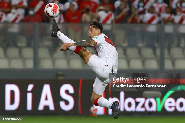 Gianluca Lapadula of Peru controls the ball during the FIFA World Cup Qatar 2022 qualification match between Peru and Paraguay at Estadio Nacional de...