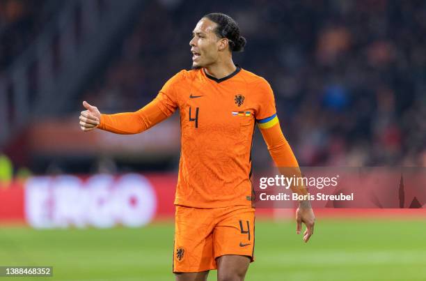 Virgil Van Dijk of the Netherlands gestures during the international friendly match between Netherlands and Germany at Johan Cruijff Arena on March...