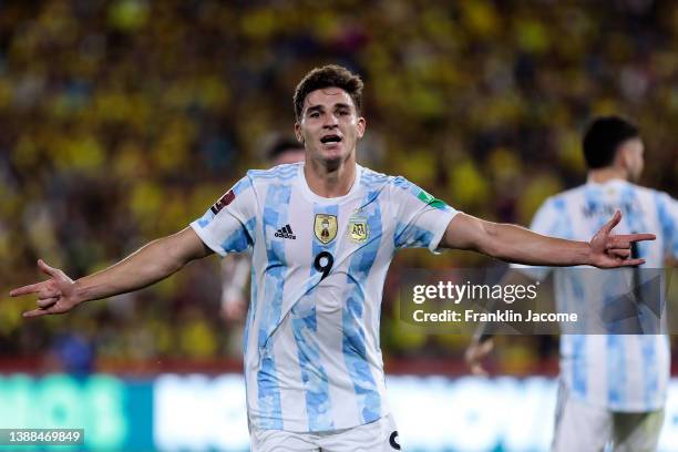 Julián Álvarez of Argentina celebrates after scoring his team's first goal during the FIFA World Cup Qatar 2022 qualification match between Ecuador...