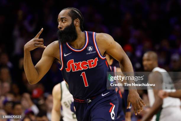 James Harden of the Philadelphia 76ers celebrates after scoring during the second quarter against the Milwaukee Bucks at Wells Fargo Center on March...