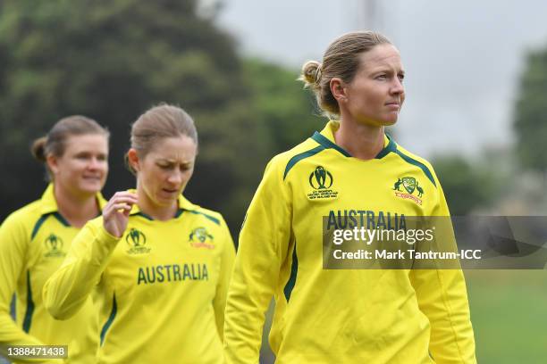 Meg Lanning of Australia looks on ahead of the 2022 ICC Women's Cricket World Cup match between Australia and the West Indies at Basin Reserve on...