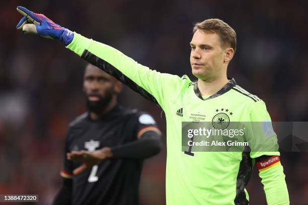 Manuel Neuer of Germany reacts during the international friendly match between Netherlands and Germany at Johan Cruijff Arena on March 29, 2022 in...
