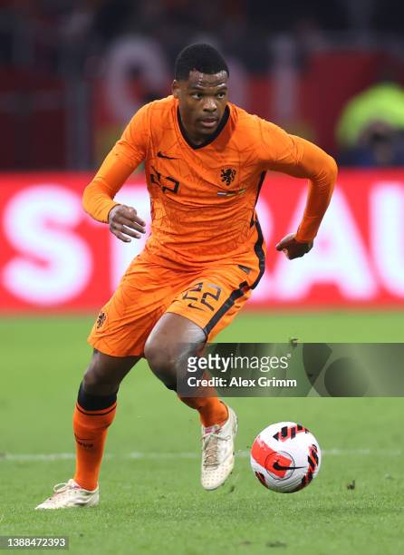 Denzel Dumfries of Netherlands controls the ball during the international friendly match between Netherlands and Germany at Johan Cruijff Arena on...