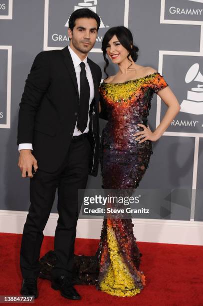 Model Mayra Veronica and guest arrives at The 54th Annual GRAMMY Awards at Staples Center on February 12, 2012 in Los Angeles, California.