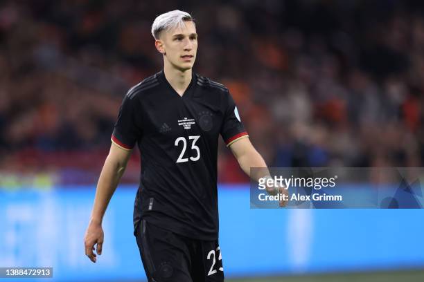 Nico Schlotterbeck of Germany reacts during the international friendly match between Netherlands and Germany at Johan Cruijff Arena on March 29, 2022...