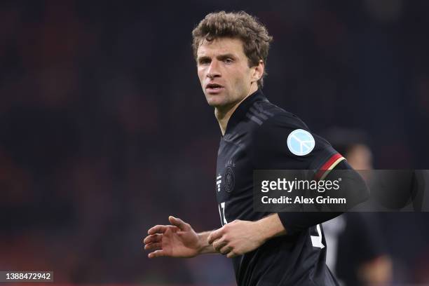 Thomas Mueller of Germany reacts during the international friendly match between Netherlands and Germany at Johan Cruijff Arena on March 29, 2022 in...