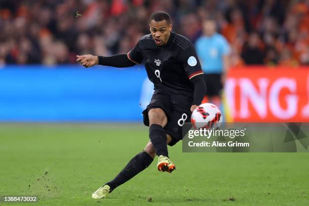 Lukas Nmecha of Germany shoots the ball during the international friendly match between Netherlands and Germany at Johan Cruijff Arena on March 29,...