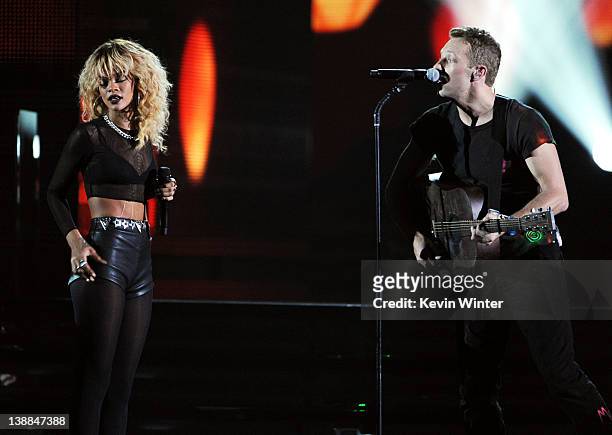 Singer Rihanna and musician Chris Martin of Coldplay perform onstage at the 54th Annual GRAMMY Awards held at Staples Center on February 12, 2012 in...