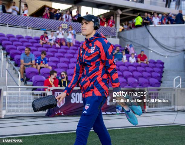 Gio Reyna of the United States arrives at the field during a FIFA World Cup qualifier game between Panama and USMNT at Exploria Stadium on March 27,...