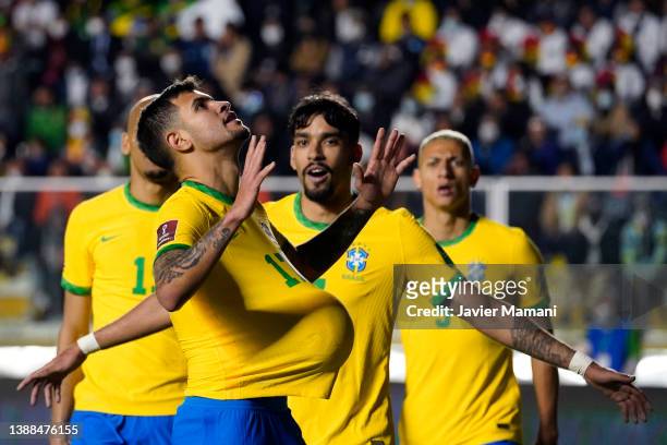Bruno Guimarães of Brazil celebrates after scoring the third goal of his team during a match between Bolivia and Brazil as part of FIFA World Cup...