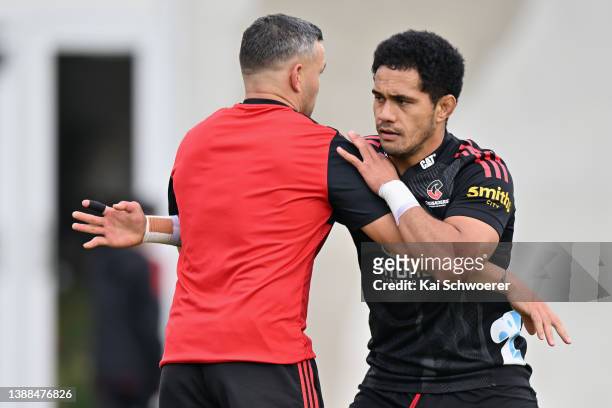 Sione Havili Talitui takes part in a drill during a Crusaders Super Rugby training session at Rugby Park on March 30, 2022 in Christchurch, New...
