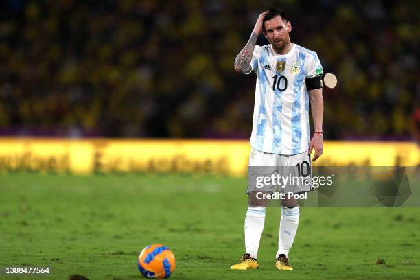 Lionel Messi of Argentina looks on during the FIFA World Cup Qatar 2022 qualification match between Ecuador and Argentina at Estadio Monumental Banco...