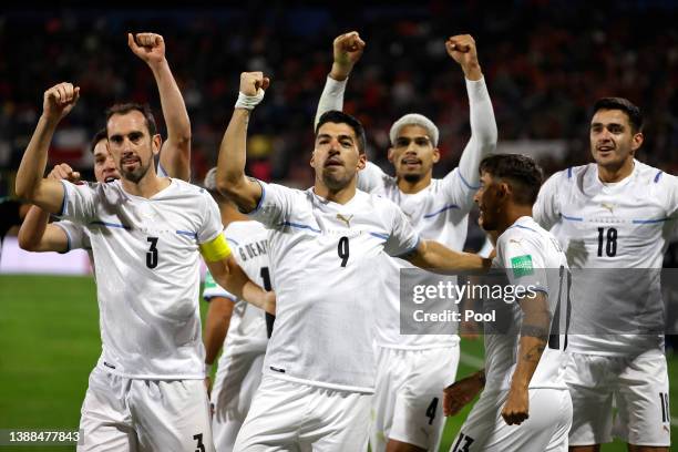 Luis Suarez of Uruguay celebrates after scoring the first goal of his team during the FIFA World Cup Qatar 2022 qualification match between Chile and...