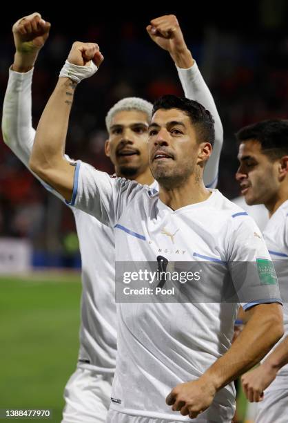 Luis Suarez of Uruguay celebrates after scoring the first goal of his team during the FIFA World Cup Qatar 2022 qualification match between Chile and...