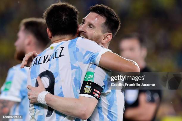 Julián Álvarez of Argentina celebrates with Lionel Messi after scoring his team's first goal during the FIFA World Cup Qatar 2022 qualification match...