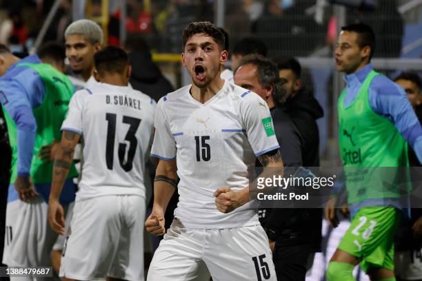 Federico Valverde of Uruguay celebrates after scoring the second goal of his team during the FIFA World Cup Qatar 2022 qualification match between...