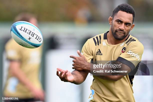 Sevu Reece passes the ball during a Crusaders Super Rugby training session at Rugby Park on March 30, 2022 in Christchurch, New Zealand.