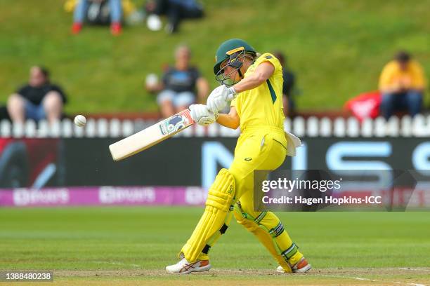 Alyssa Healy of Australia bats during the 2022 ICC Women's Cricket World Cup match between Australia and the West Indies at Basin Reserve on March...