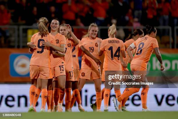 Katja Snoeijs of Holland Women celebrates 5-0 with Lieke Martens of Holland Women, Caitlin Dijkstra of Holland Women, Sherida Spitse of Holland...