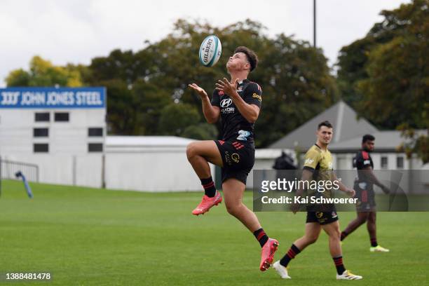 Macca Springer takes part in a drill during a Crusaders Super Rugby training session at Rugby Park on March 30, 2022 in Christchurch, New Zealand.