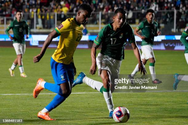 Rodrygo of Brazil fights for the ball with Roberto Fernandez of Bolivia during a match between Bolivia and Brazil as part of FIFA World Cup Qatar...