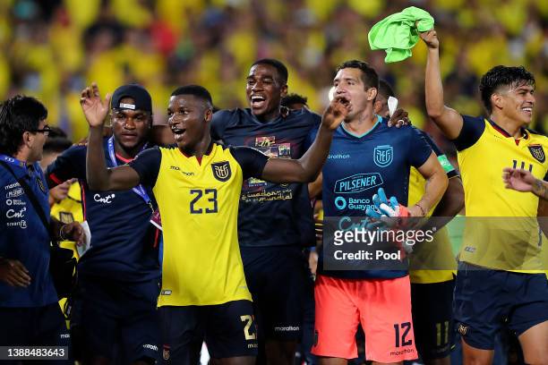 Moises Caicedo and Jorge Pinos goalkeeper of Ecuador celebrate being qualified to world cup after the FIFA World Cup Qatar 2022 qualification match...