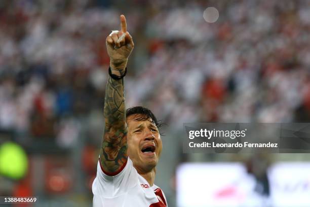 Gianluca Lapadula of Peru celebrates after winning the FIFA World Cup Qatar 2022 qualification match between Peru and Paraguay at Estadio Nacional de...