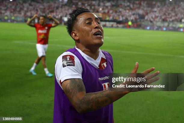 Christian Cueva of Peru celebrates after winning the FIFA World Cup Qatar 2022 qualification match between Peru and Paraguay at Estadio Nacional de...