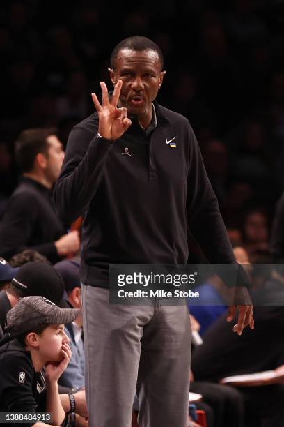 Head Coach Dwane Casey of the Detroit Pistons reacts against the Brooklyn Nets at Barclays Center on March 29, 2022 in New York City. NOTE TO USER:...