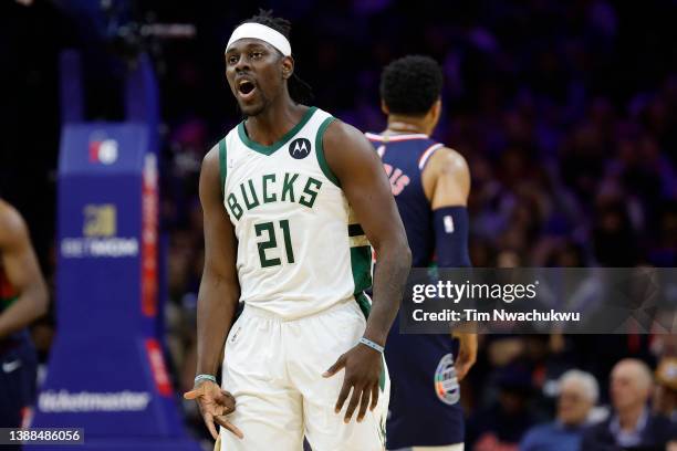 Jrue Holiday of the Milwaukee Bucks reacts after scoring during the fourth quarter against the Philadelphia 76ers at Wells Fargo Center on March 29,...