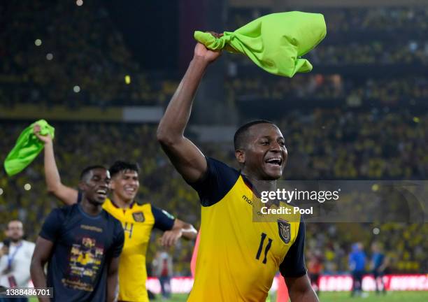 Michael Estrada of Ecuador celebrates after the FIFA World Cup Qatar 2022 qualification match between Ecuador and Argentina at Estadio Monumental on...