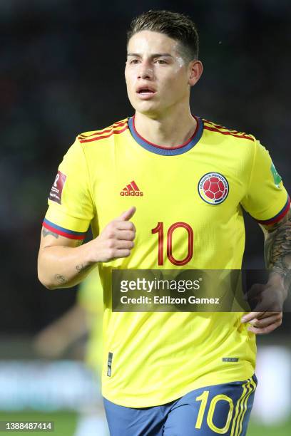 James Rodriguez of Colombia looks on during the FIFA World Cup Qatar 2022 qualification match between Venezuela and Colombia at Estadio Cachamay on...