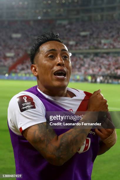 Christian Cueva of Peru celebrates after winning the FIFA World Cup Qatar 2022 qualification match between Peru and Paraguay at Estadio Nacional de...