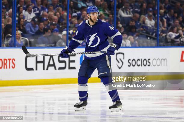 Jan Rutta of the Tampa Bay Lightning skates against the Carolina Hurricanes during the third period at Amalie Arena on March 29, 2022 in Tampa,...