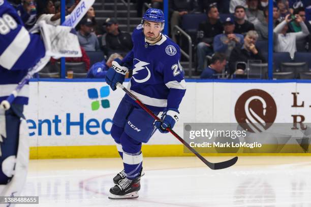 Nicholas Paul of the Tampa Bay Lightning skates against the Carolina Hurricanes during the second period at Amalie Arena on March 29, 2022 in Tampa,...