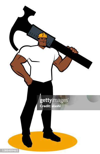 a strong worker with a hardhat smiles and stands with one fist on his hip and carries a big claw hammer on his shoulder - sledge hammer stock illustrations