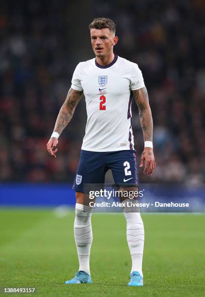 Ben White of England looks on during the international friendly match between England and Cote D'Ivoire at Wembley Stadium on March 29, 2022 in...