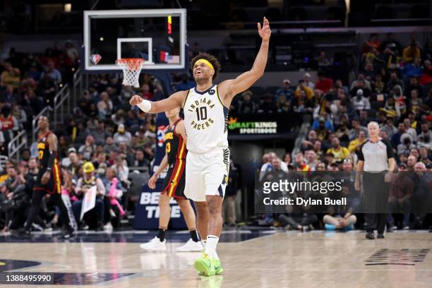 Justin Anderson of the Indiana Pacers reacts in the third quarter against the Atlanta Hawks at Gainbridge Fieldhouse on March 28, 2022 in...