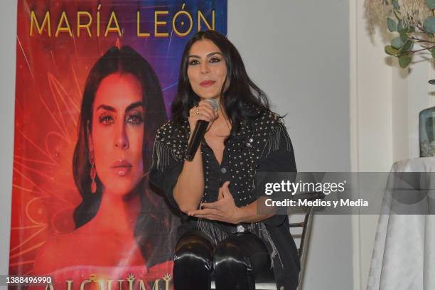 Singer María León speaks at a press conference to promote her "Alquimia Tour" at Salón la Maraka on March 29, 2022 in Mexico City, Mexico.