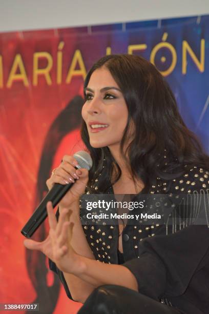 Singer María León speaks at a press conference to promote her "Alquimia Tour" at Salón la Maraka on March 29, 2022 in Mexico City, Mexico.