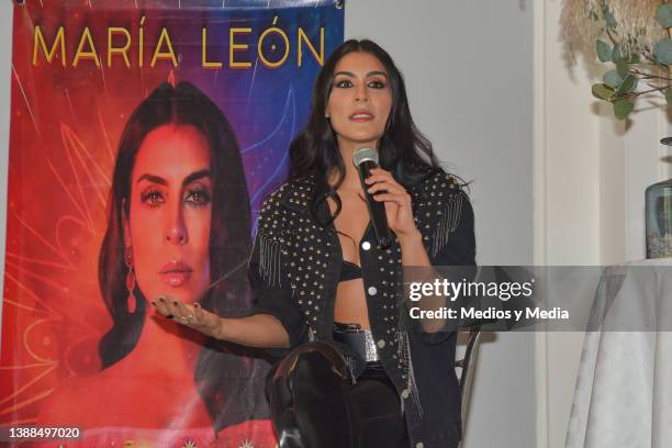 Singer María León speaks at a press conference to promote her "Alquimia Tour" at Salón la Maraka on March 29, 2022 in Mexico City, Mexico.