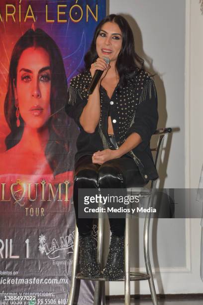 Singer María León speaks at a press conference to promote her "Alquimia Tour" at Salón la Maraka on March 29, 2022 in Mexico City, Mexico.