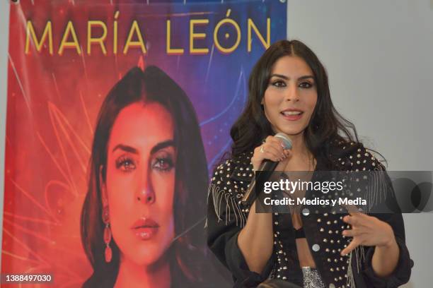 Singer María León speaks at a press conference to promote her "Alquimia Tour" at Salón la Maraka on March 29, 2022 in Mexico City, Mexico.