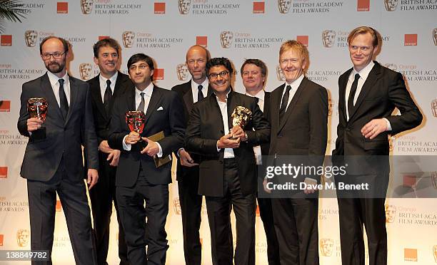 Producer Tim Bevan, director Asif Kapadia, producer Eric Fellner, screenwriter Manish Pandey, editor Chris King and presenter Paul Bettany pose in...